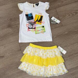 Toddler XOXO GIRLS 2-Pc Outfit YELLOW White TULLE Skirt Skort PARIS London Theme